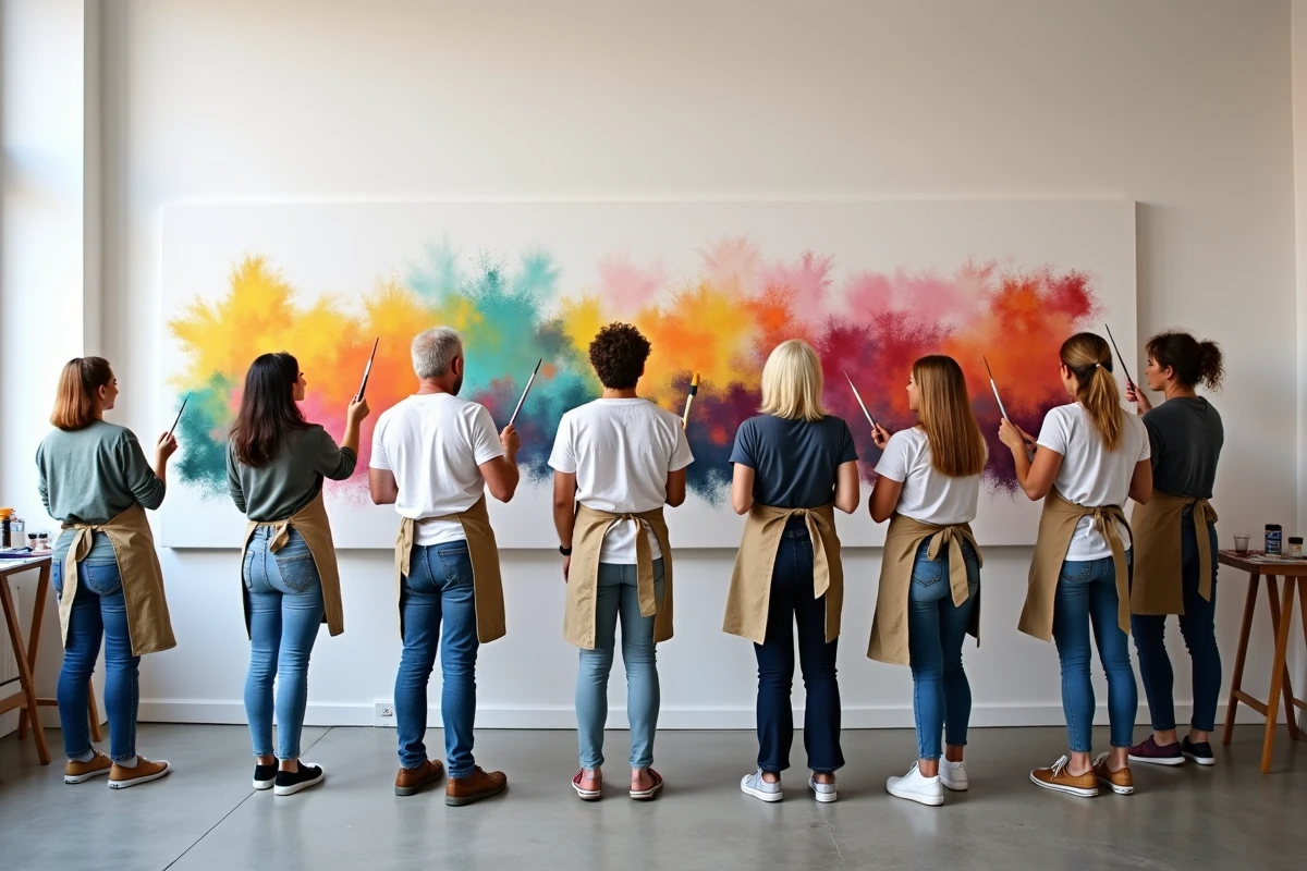 Groupe de convives peignant ensemble une fresque collaborative lors d'un anniversaire