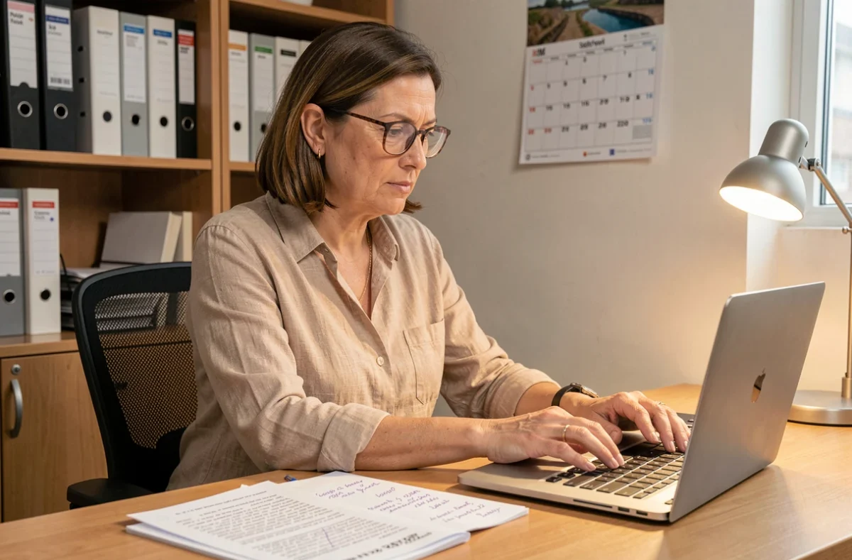 Une femme garde une trace écrite de ses échanges en organisant ses emails et notes sur son bureau