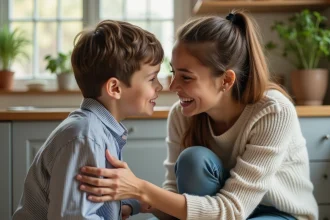 Femme adulte bienveillante s'agenouillant pour parler avec un jeune enfant dans une cuisine chaleureuse, illustrant la gentillesse envers les enfants