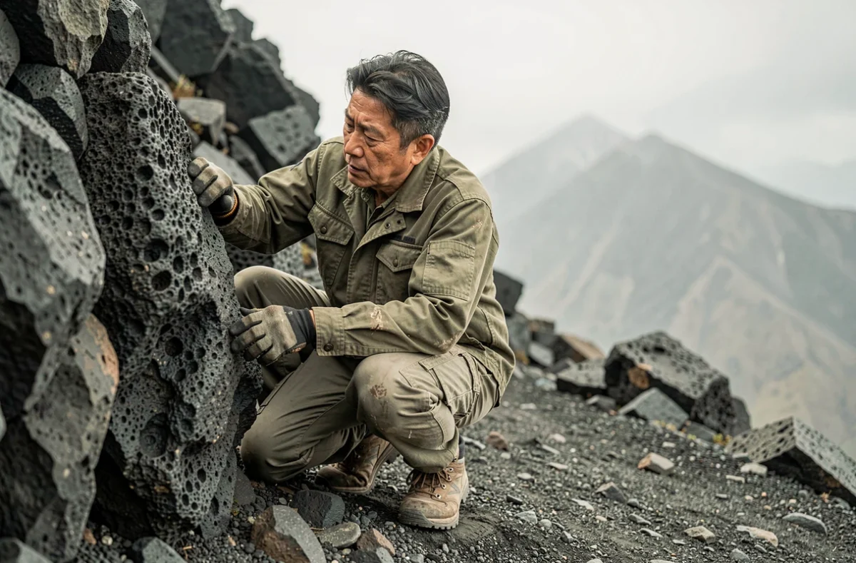 Géologue japonais examinant une roche volcanique basaltique sur le flanc d'un volcan au Japon