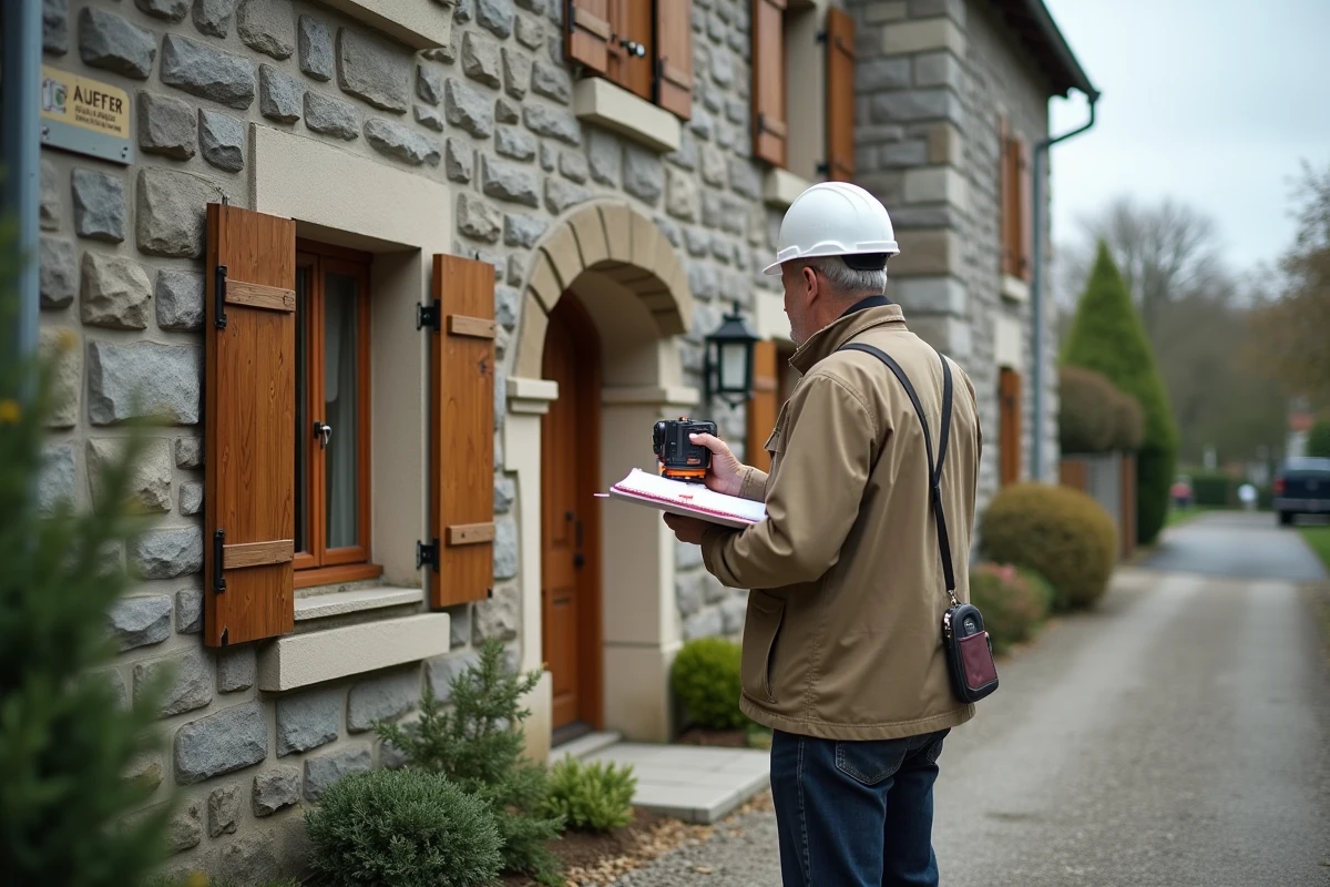 Géomètre mesurant la façade d'une maison en pierre avec un télémètre laser pour une expertise immobilière