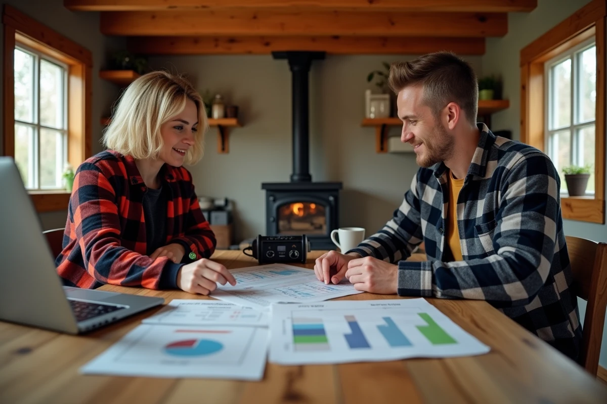 Couple planifiant leur système d'énergie autonome avec une station électrique portable dans un chalet hors réseau