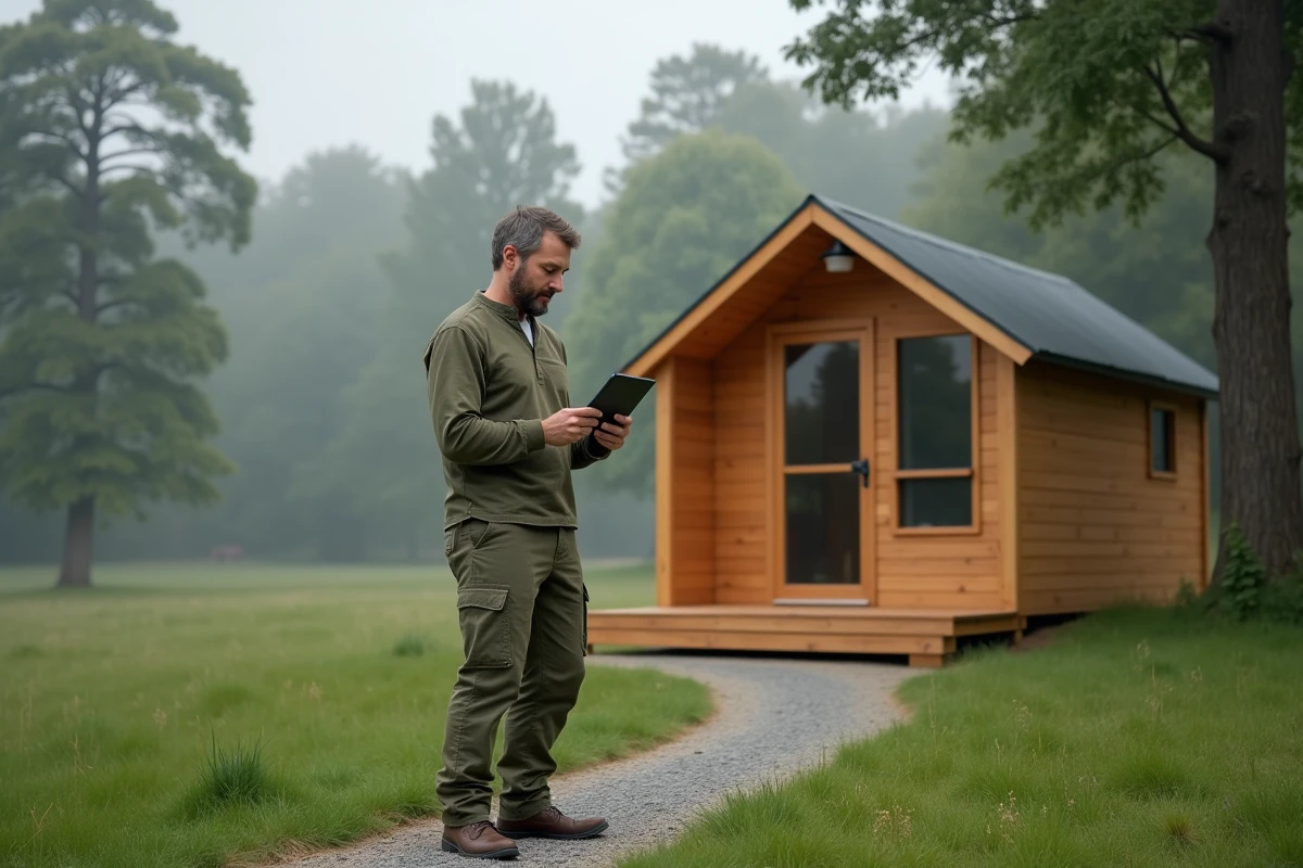 Propriétaire de cabane de glamping sur terrain non constructible présentant son hébergement insolite