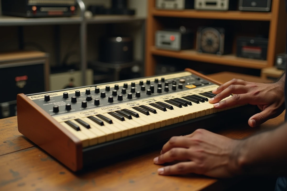 Gros plan sur une Roland TR-808 vintage avec des mains de musicien dans un studio de hip-hop
