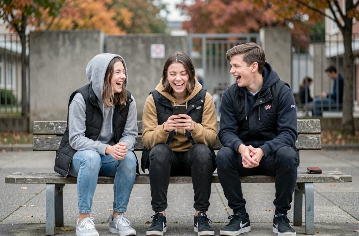 Groupe d'adolescents riant et utilisant leur téléphone dans une cour de récréation, illustrant le langage et les expressions des jeunes