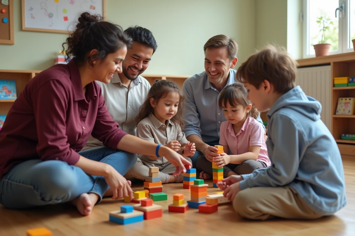 Groupe d'adultes bienveillants jouant avec des enfants dans un centre communautaire, illustrant la gentillesse collective et l'accompagnement éducatif