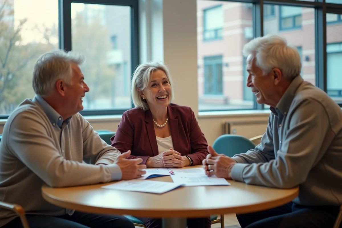 Groupe d'adultes de 60 ans en discussion autour d'une table dans un centre communautaire, représentant l'accompagnement collectif REI 60