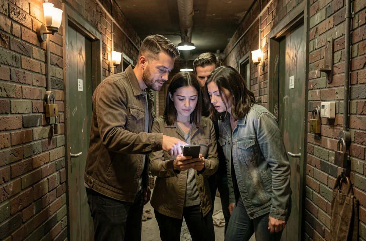 Groupe de joueurs consultant une solution fiable pour room and exit sur smartphone dans un couloir d'escape game