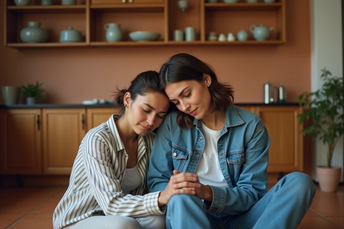 Deux amies assises sur le sol d'une cuisine se soutenant mutuellement, illustrant le soutien émotionnel après une rupture