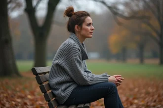 Femme seule assise sur un banc en automne, regard perdu au loin, illustrant la tristesse après une rupture amoureuse
