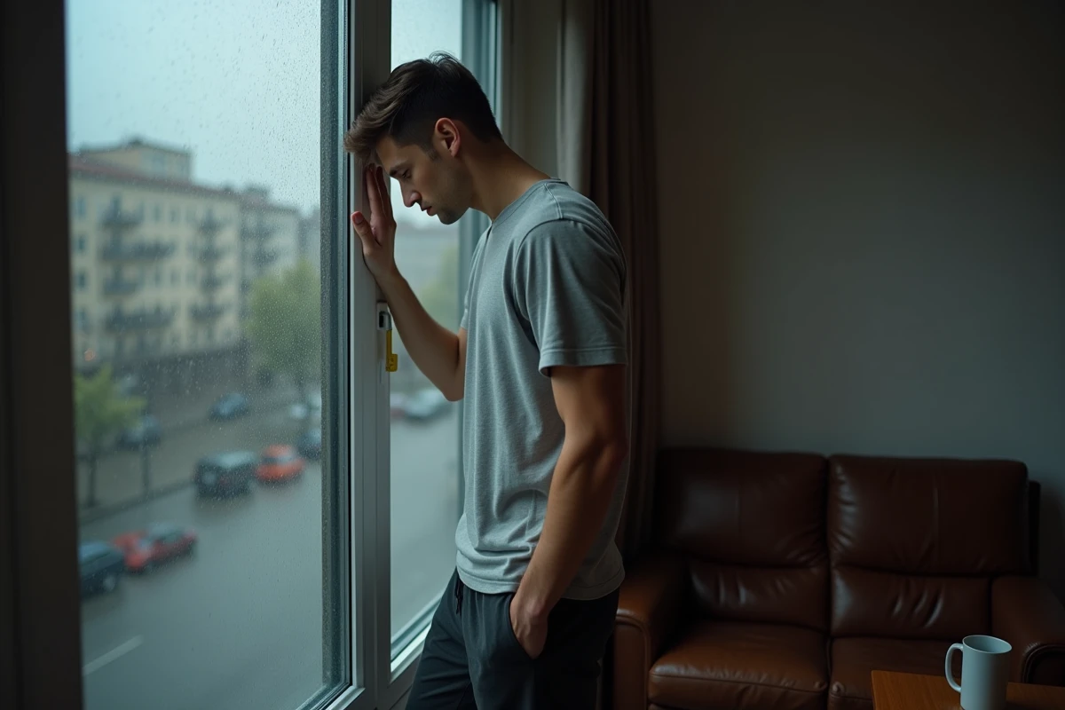 Homme pensif debout face à une fenêtre pluvieuse dans son appartement, symbolisant la solitude et le deuil amoureux