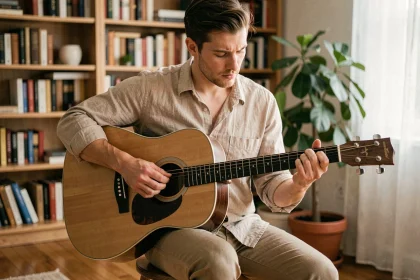 Guitariste jouant les accords de Je Te Promets en fingerstyle sur une guitare acoustique dans un salon chaleureux