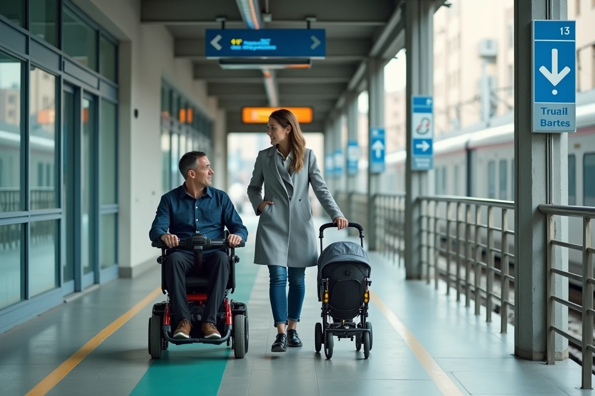 Hall de gare moderne aménagé pour la mobilité inclusive avec allées dédiées fauteuils roulants et trottinettes électriques