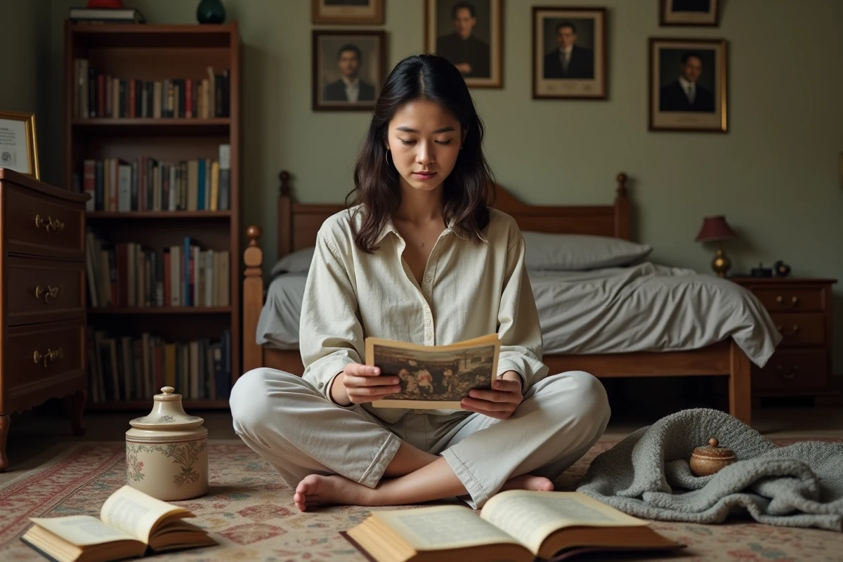 Jeune femme explorant des albums photo familiaux et des objets culturels dans sa chambre, reflétant l'influence de l'héritage familial sur la construction de l'identité personnelle