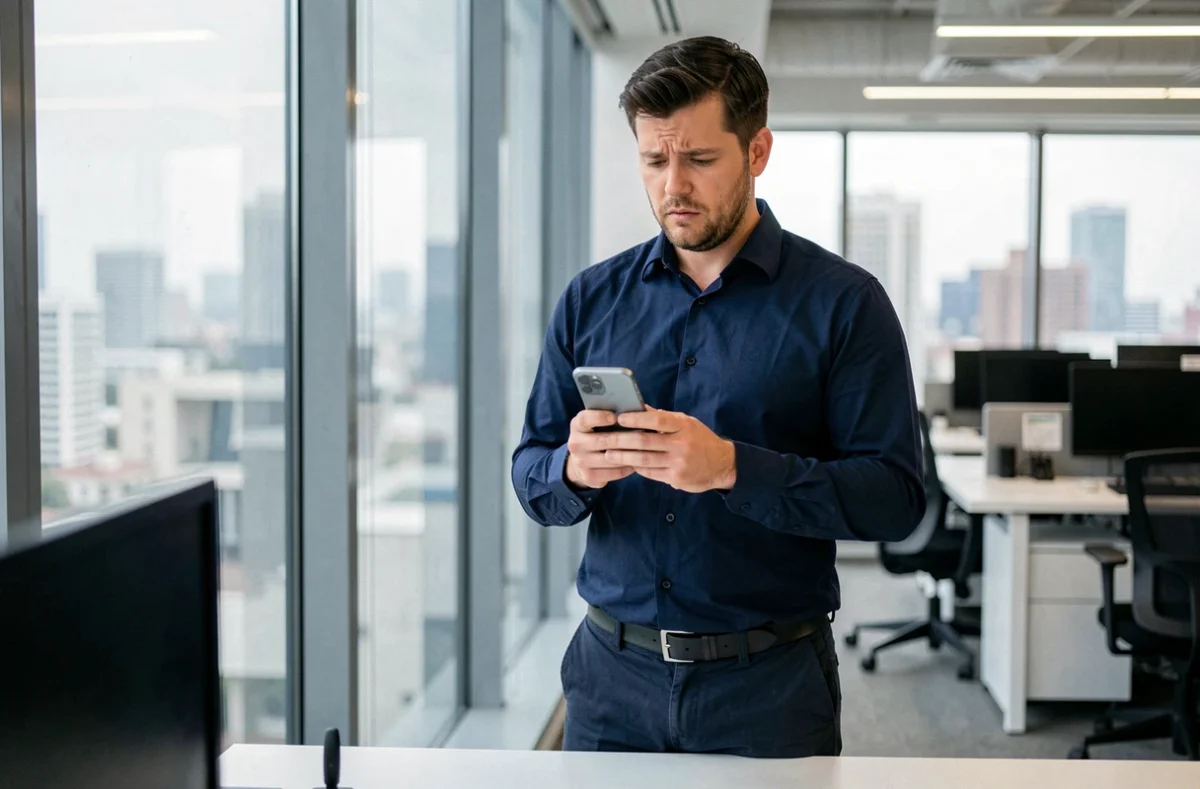 Homme en bureau moderne lisant un message sur son smartphone avec une expression interrogative, évoquant le doute orthographique autour de tu m'envoies ou tu m'envois
