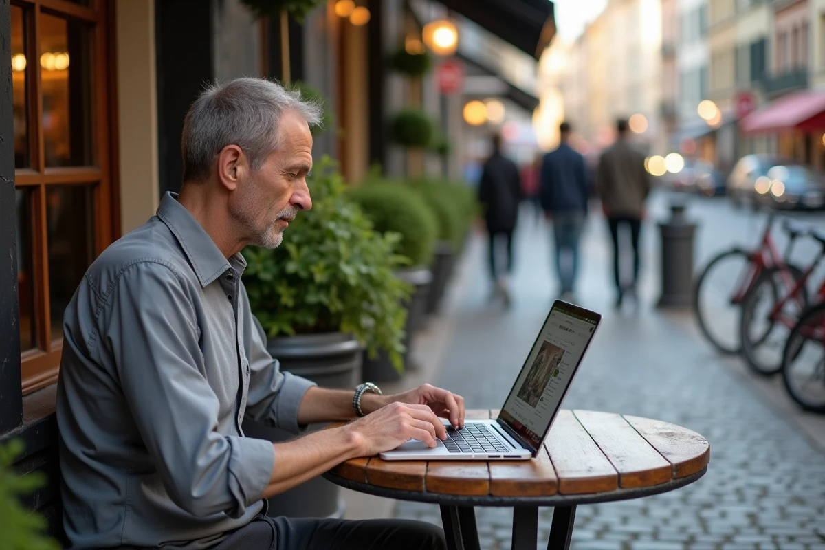 Un homme consultant les sites les plus populaires d'internet sur son ordinateur portable en terrasse de café en ville