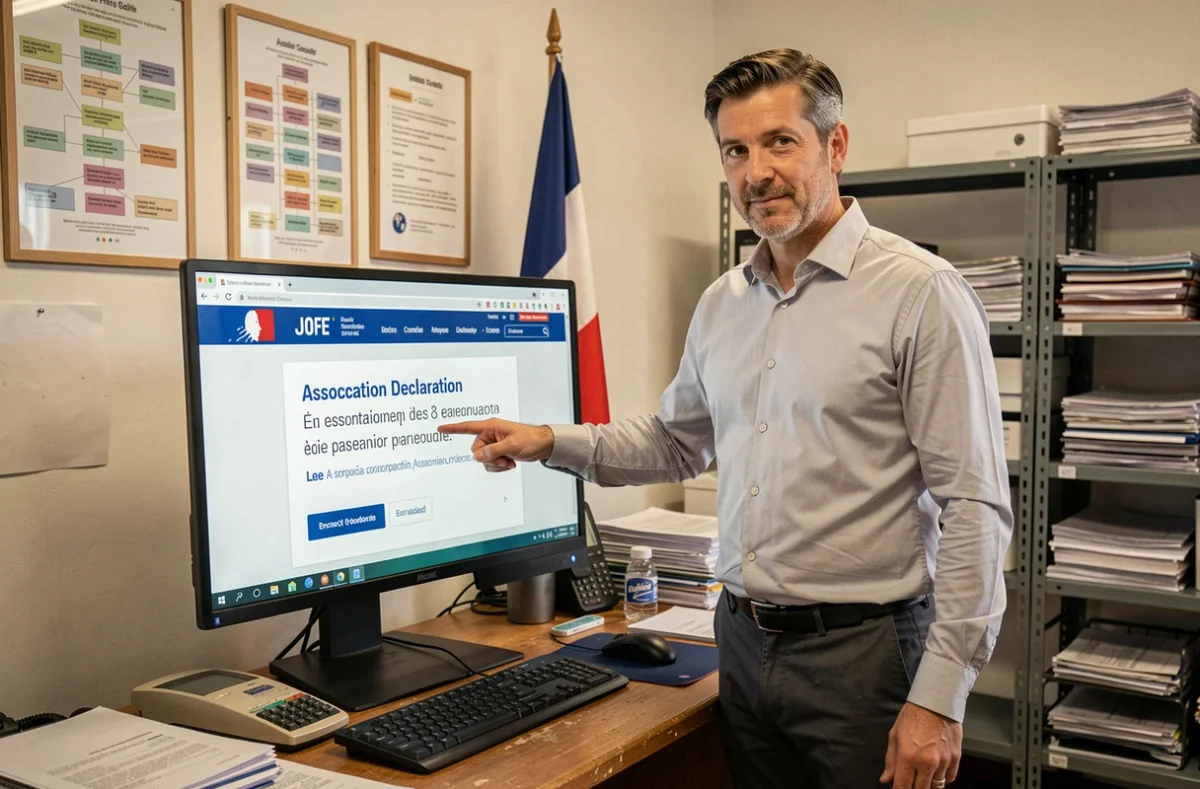 Homme consultant le site officiel du JOAFE sur ordinateur pour vérifier la parution d'une déclaration d'association au Journal Officiel