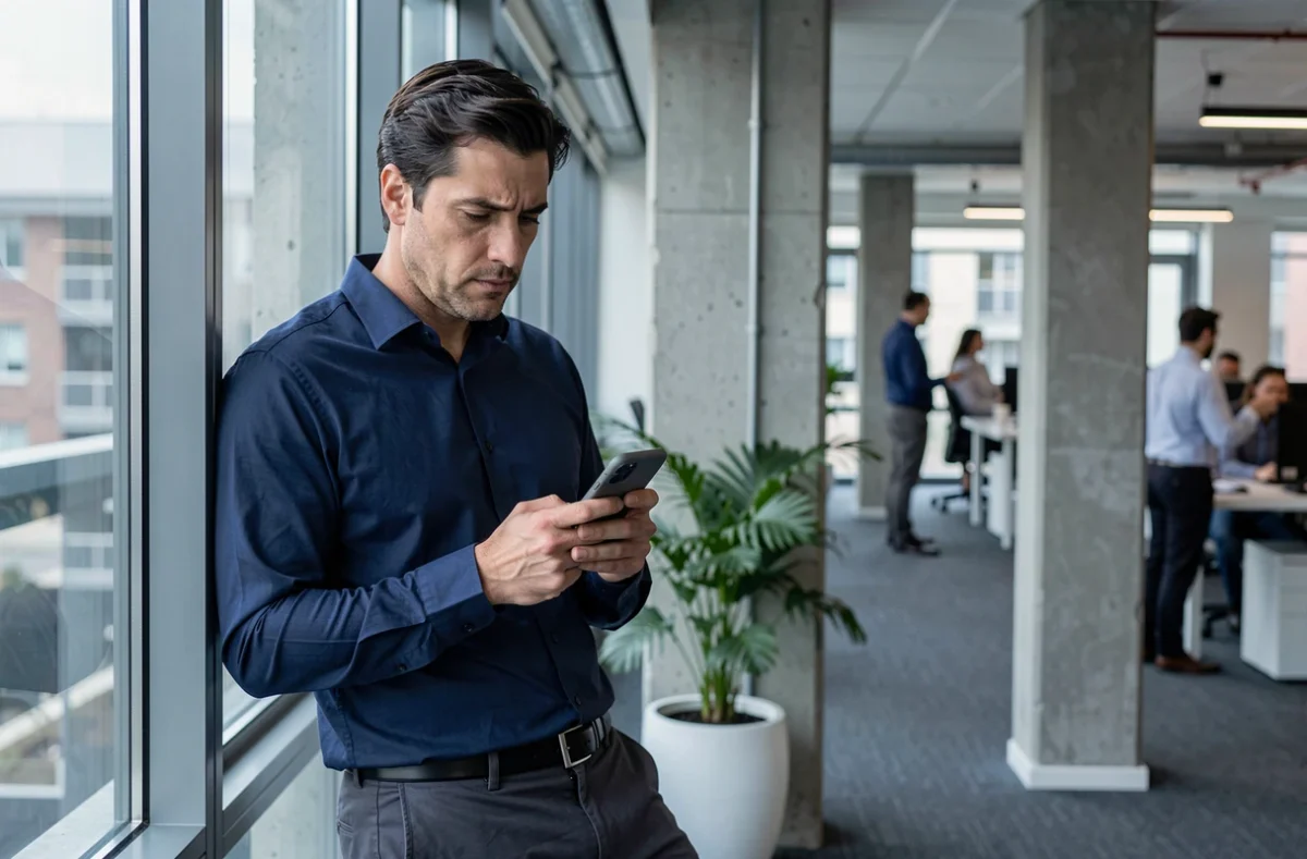 Homme consultant discrètement des stories Instagram sur son téléphone dans un environnement de bureau moderne
