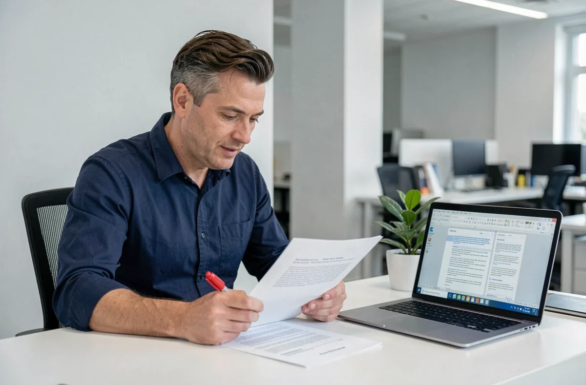 Homme corrigeant un document imprimé avec un stylo rouge dans un bureau moderne, illustrant la correction orthographique du mot milles