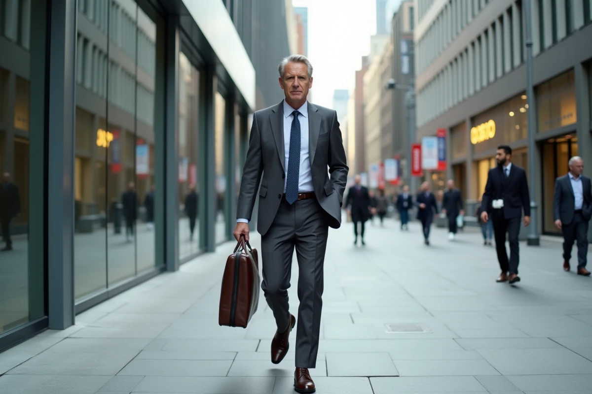 Homme en costume gris marchant avec confiance dans une rue urbaine, symbolisant l'impact des tenues professionnelles sur le moral