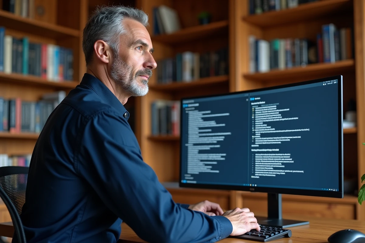 Homme spécialiste en linguistique évaluant des outils d'intelligence artificielle pour la traduction automatique sur grand écran