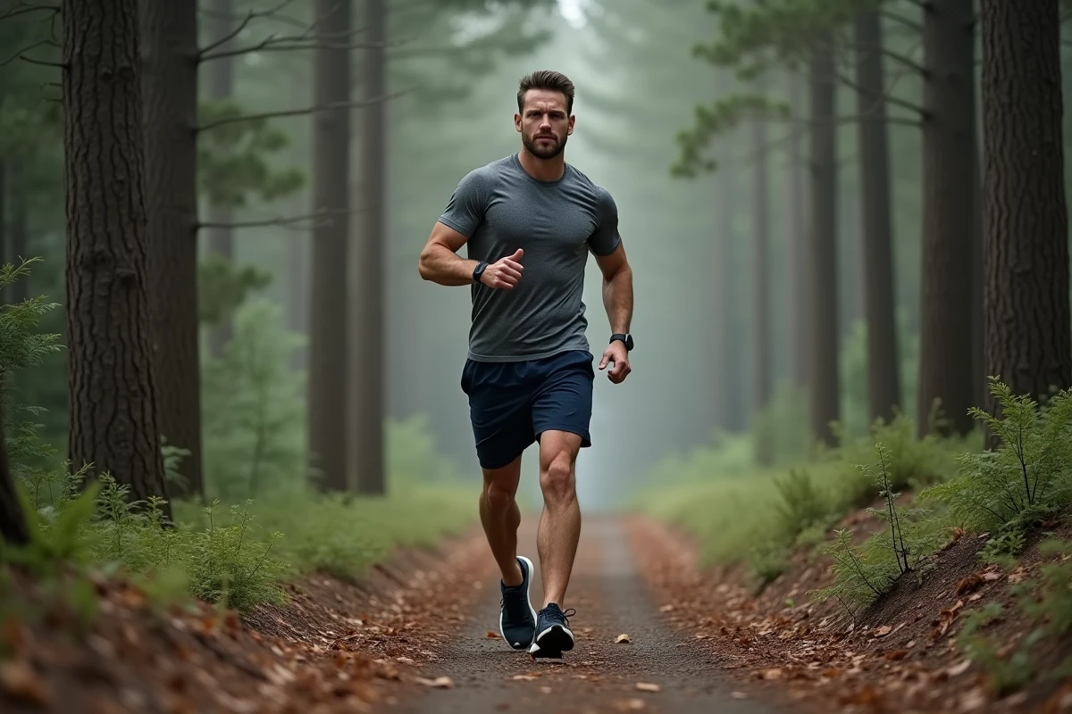 Homme marchant en forêt avec une bonne posture pour muscler et affiner le ventre
