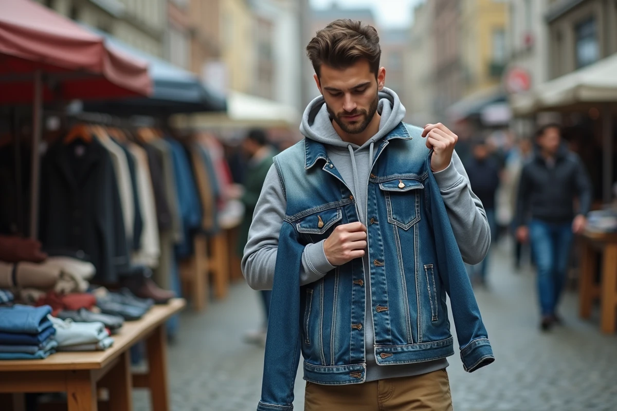 Jeune homme inspectant une veste en jean d'occasion sur un marché aux puces en plein air