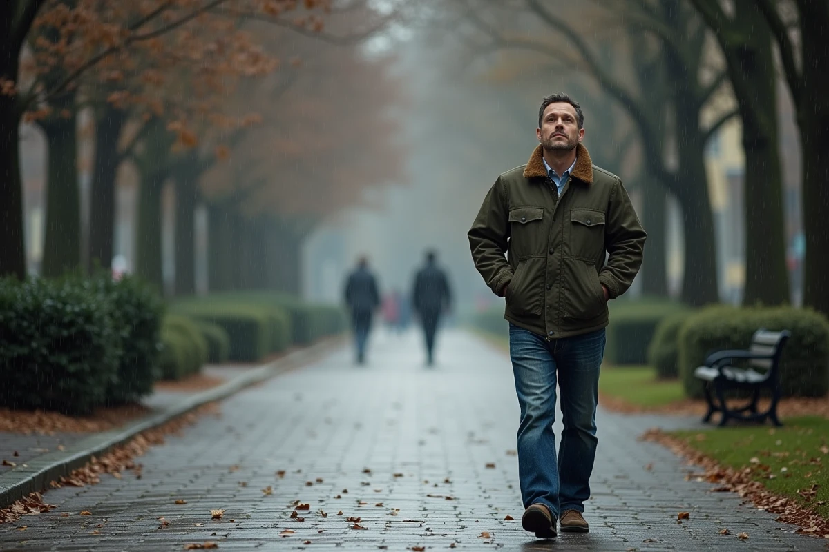 Homme marchant seul dans un parc urbain sous la pluie fine par temps nuageux et gris
