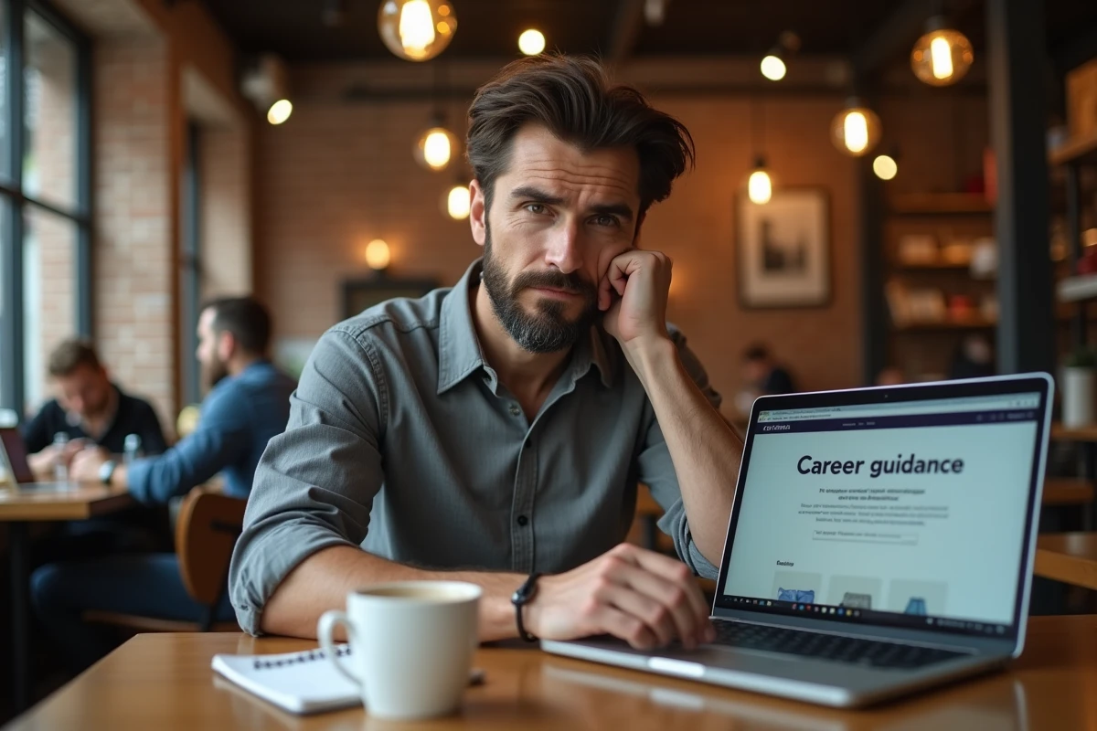 Homme cherchant des conseils d'orientation professionnelle sur son ordinateur dans un café urbain