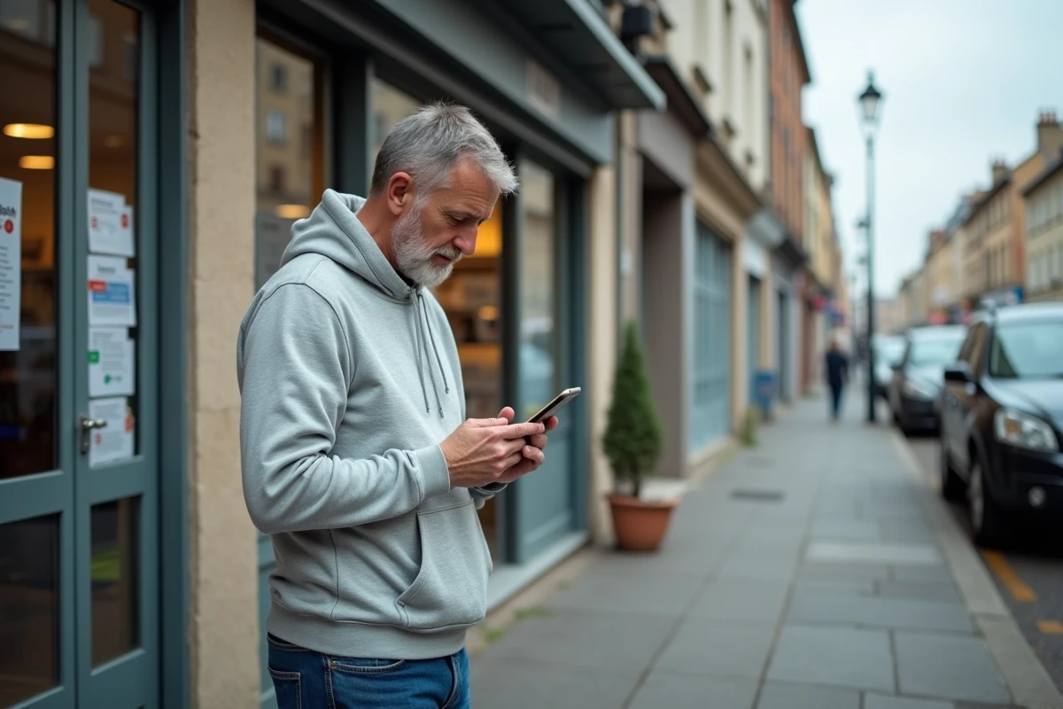 Homme cherchant un point relais Mondial Relay sur son smartphone devant un tabac-presse