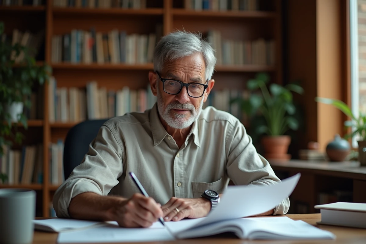 Homme de 60 ans consultant des documents dans un bureau, symbolisant la réflexion sur la retraite et le dispositif REI 60