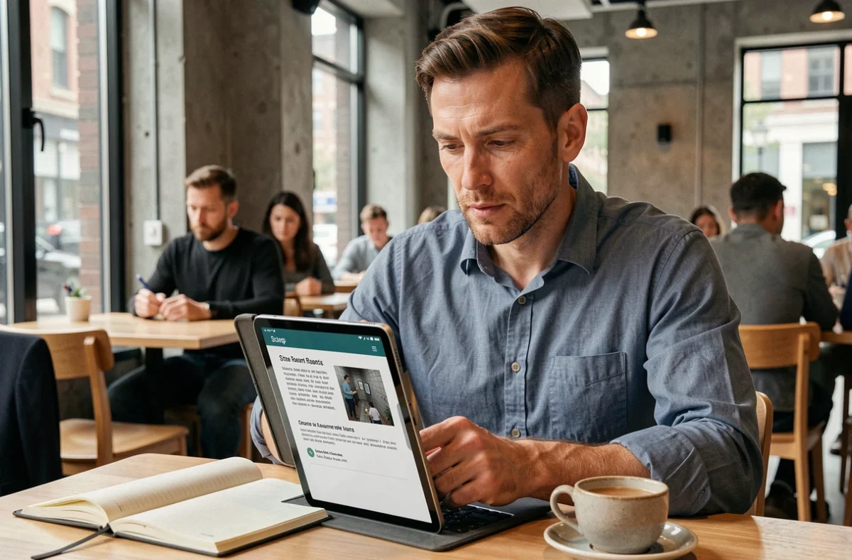 Homme consultant une solution à jour pour room and exit sur une tablette dans un café moderne