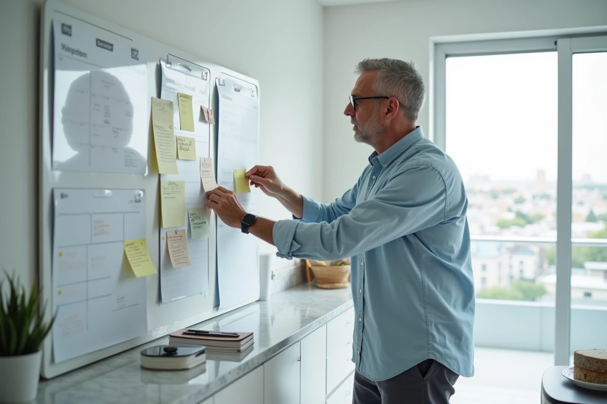 Homme organisant ses tâches sur un tableau de planification mural dans une cuisine moderne