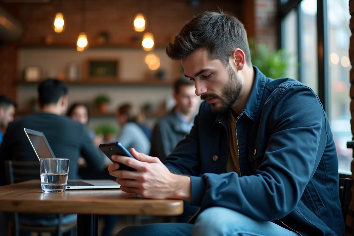 Homme utilisant une application VPN gratuite sur smartphone dans un café urbain