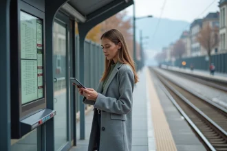 Femme consultant l'horaire de tram à un arrêt moderne de Grenoble avec panneau d'affichage numérique