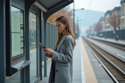 Femme consultant l'horaire de tram à un arrêt moderne de Grenoble avec panneau d'affichage numérique