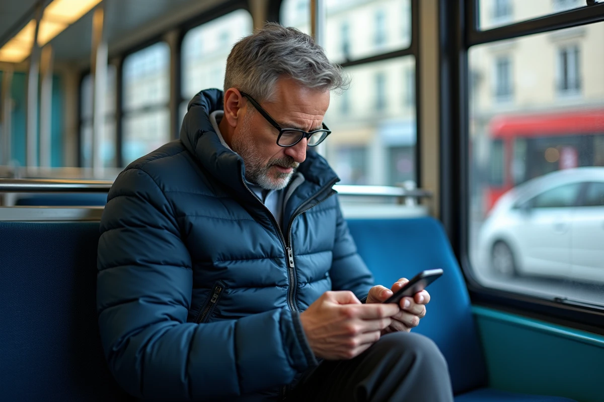 Homme dans un tramway de Grenoble consultant les horaires de tram sur son smartphone