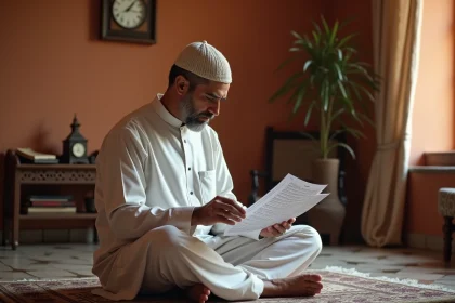 Homme consultant les horaires de prière à Nîmes sur un planning imprimé, assis sur un tapis de prière dans un intérieur traditionnel