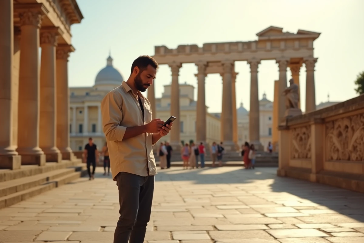 Homme vérifiant l'heure sur son téléphone devant la Maison Carrée de Nîmes en été, en lien avec les horaires de prière