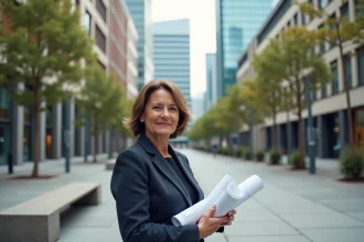 Urbaniste féminine tenant des plans architecturaux dans une place urbaine moderne, illustrant l'importance de l'urbanisme