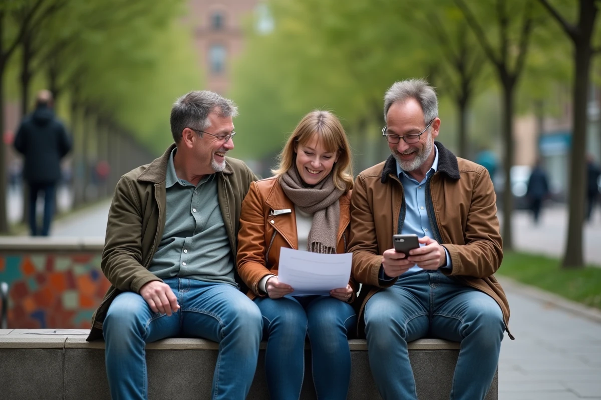 Trois jeunes adultes utilisant différents dispositifs d'accessibilité assis ensemble dans un parc urbain, symbolisant l'inclusion sociale au quotidien