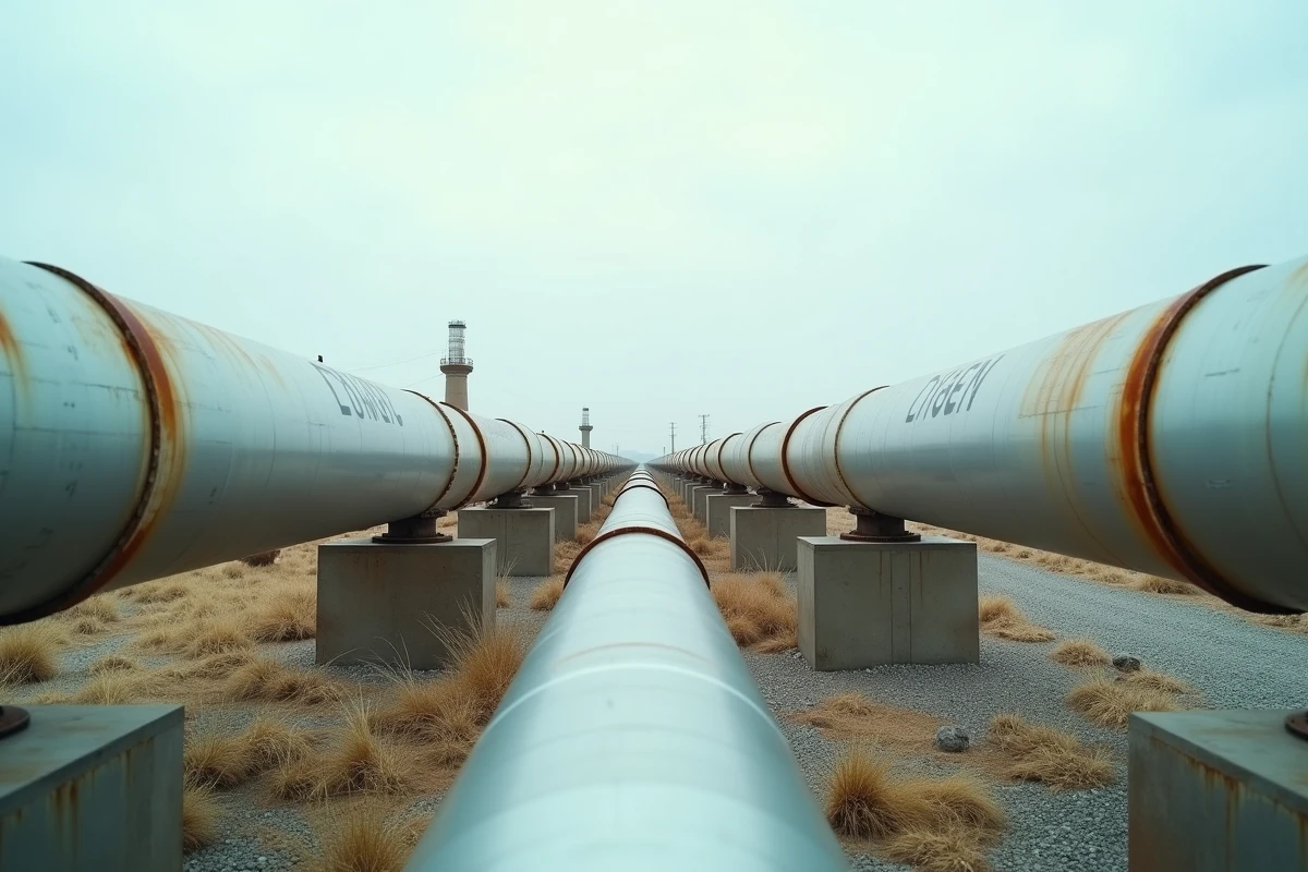 Réseau de canalisations d'hydrogène industrielles en zone reculée, illustrant la complexité et le coût élevé du transport de l'hydrogène comme inconvénient majeur