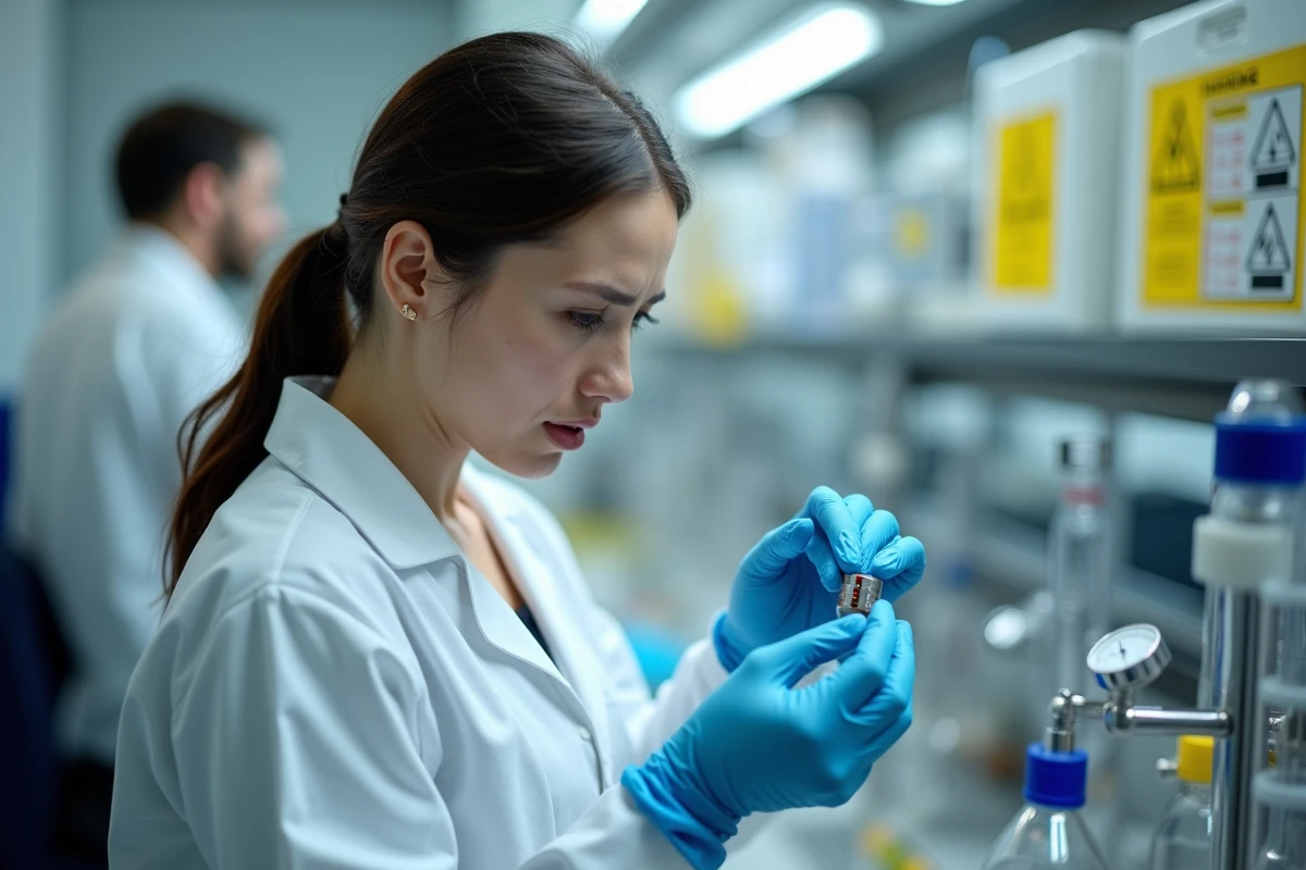Scientifique en laboratoire analysant les composants d'une pile à hydrogène, représentant les limitations techniques et les inconvénients énergétiques de l'hydrogène
