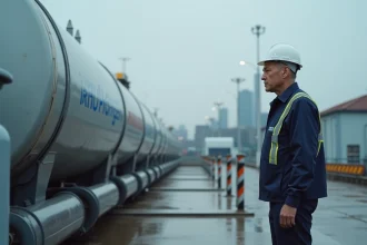 Ingénieur inspectant un réservoir d'hydrogène sous pression dans une station de recharge industrielle, illustrant les défis de stockage et les inconvénients de l'hydrogène