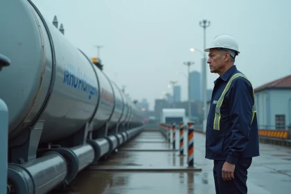 Ingénieur inspectant un réservoir d'hydrogène sous pression dans une station de recharge industrielle, illustrant les défis de stockage et les inconvénients de l'hydrogène