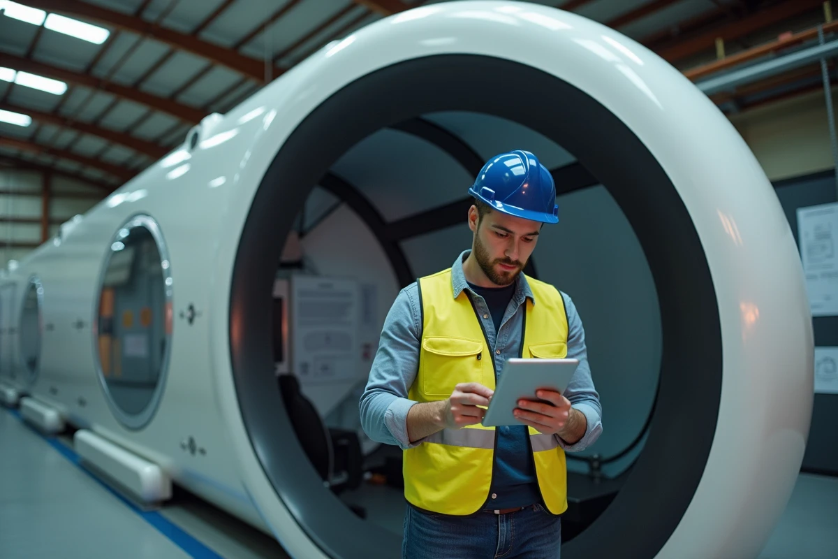 Ingénieur examinant une maquette de capsule hyperloop dans un hangar de recherche industriel en France