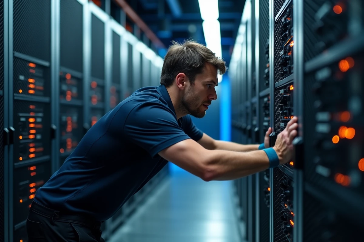 Ingénieur informatique inspectant un superordinateur en rack dans un centre de données professionnel