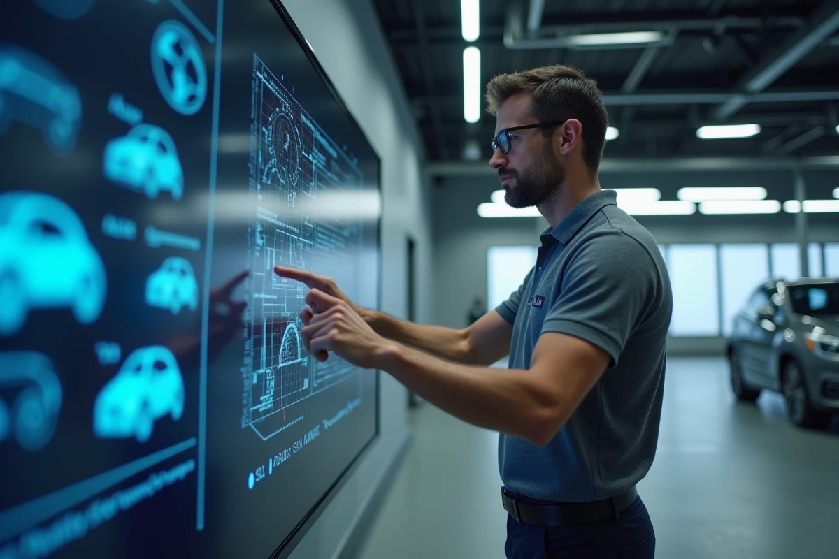Ingénieur automobile analysant les données de conduite autonome sur un tableau de bord numérique dans un centre d'essai
