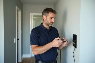Technicien installant un système domotique sur un mur intérieur d'une maison moderne
