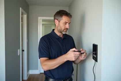 Technicien installant un système domotique sur un mur intérieur d'une maison moderne